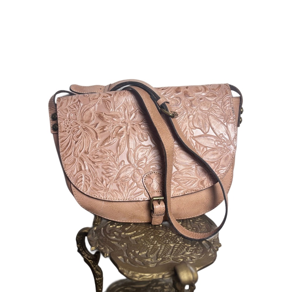 Patricia Nash Saddle Tan Leather Rosolini Tooled Buckle Flap Crossbody Bag